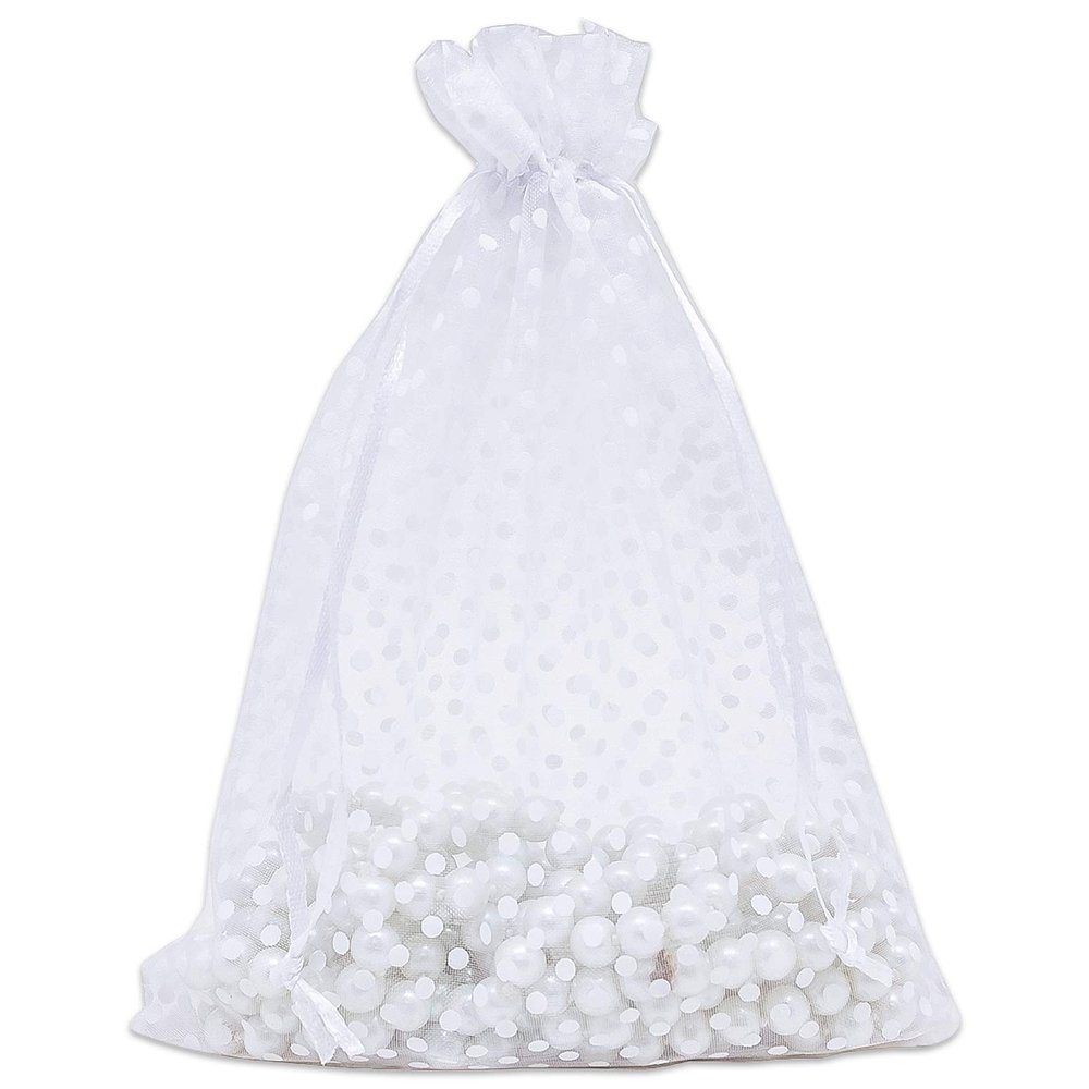 100-Pack 6x8 in Sheer Organza Gift Bags with Drawstring (Large) - Polka Dot (White/White) - for Wedding Party Favors, Treats Mesh Pouch by The Display Guys