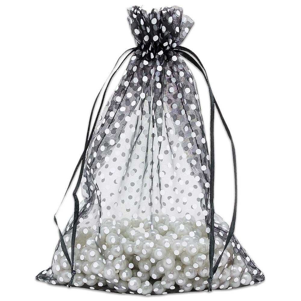 100-Pack 6x8 in Sheer Organza Gift Bags with Drawstring (Large) - Polka Dot (Black/White) - for Wedding Party Favors, Treats Mesh Pouch by The Display Guys