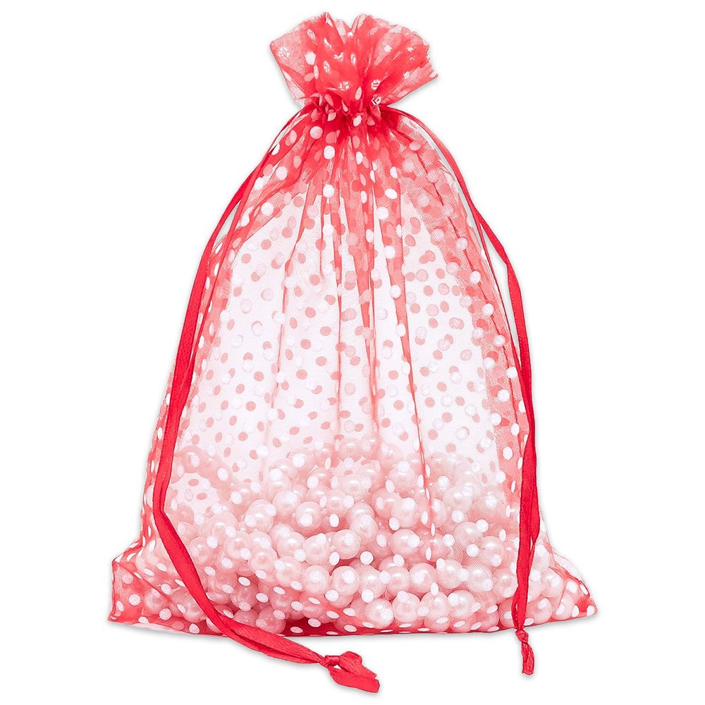 100-Pack 6x8 in Sheer Organza Gift Bags with Drawstring (Large) - Polka Dot (Red/White) - for Wedding Party Favors, Treats Mesh Pouch by The Display Guys