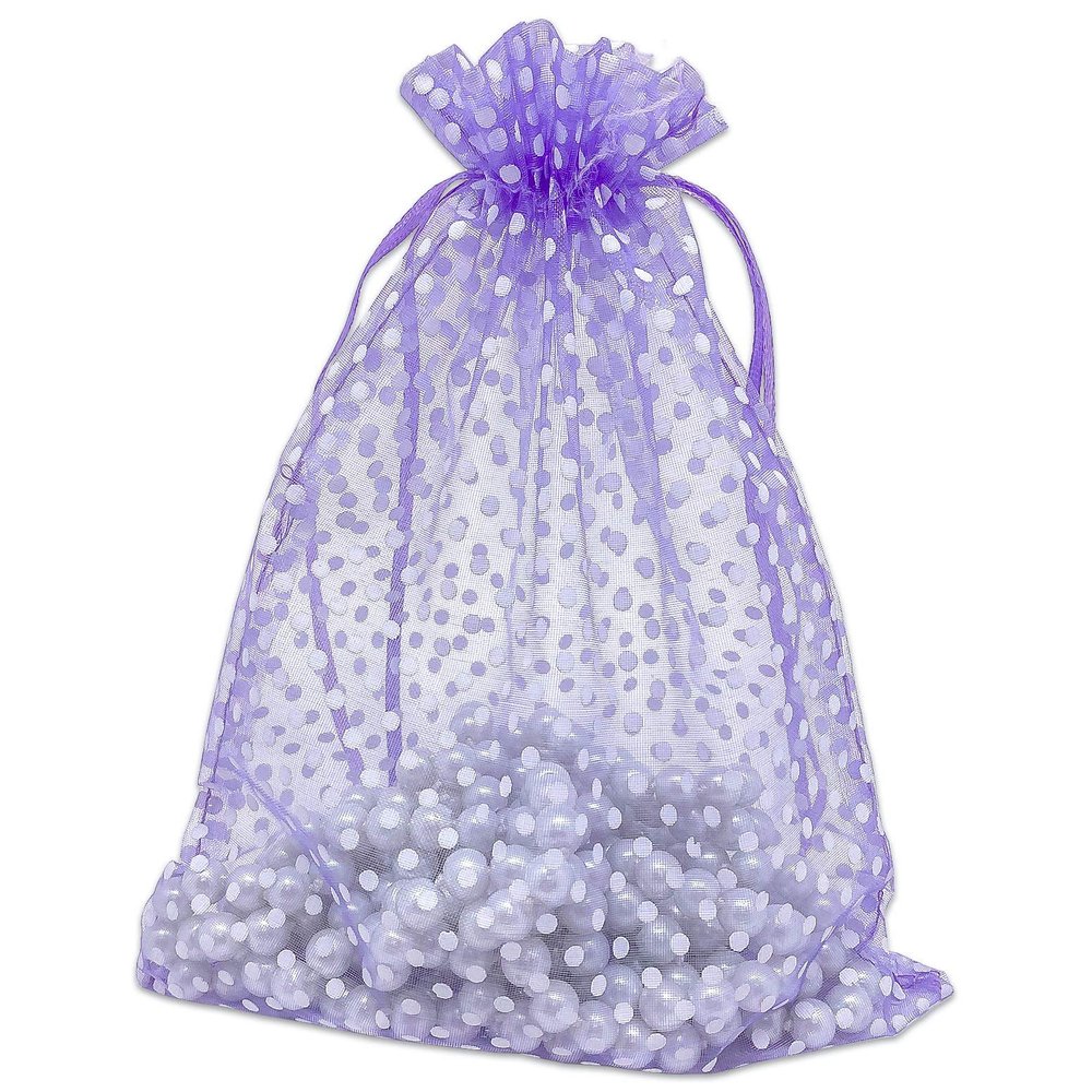 100-Pack 6x8 in Sheer Organza Gift Bags with Drawstring (Large) - Polka Dot (Lavender/White) - for Wedding Party Favors, Treats Mesh Pouch by The Display Guys