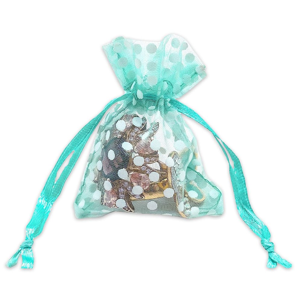 100-Pack 2x2.5 in Sheer Organza Gift Bags with Drawstring (X-Small) - Polka Dot (Teal/White) - for Wedding Party Favors, Treats Mesh Pouch by The Display Guys