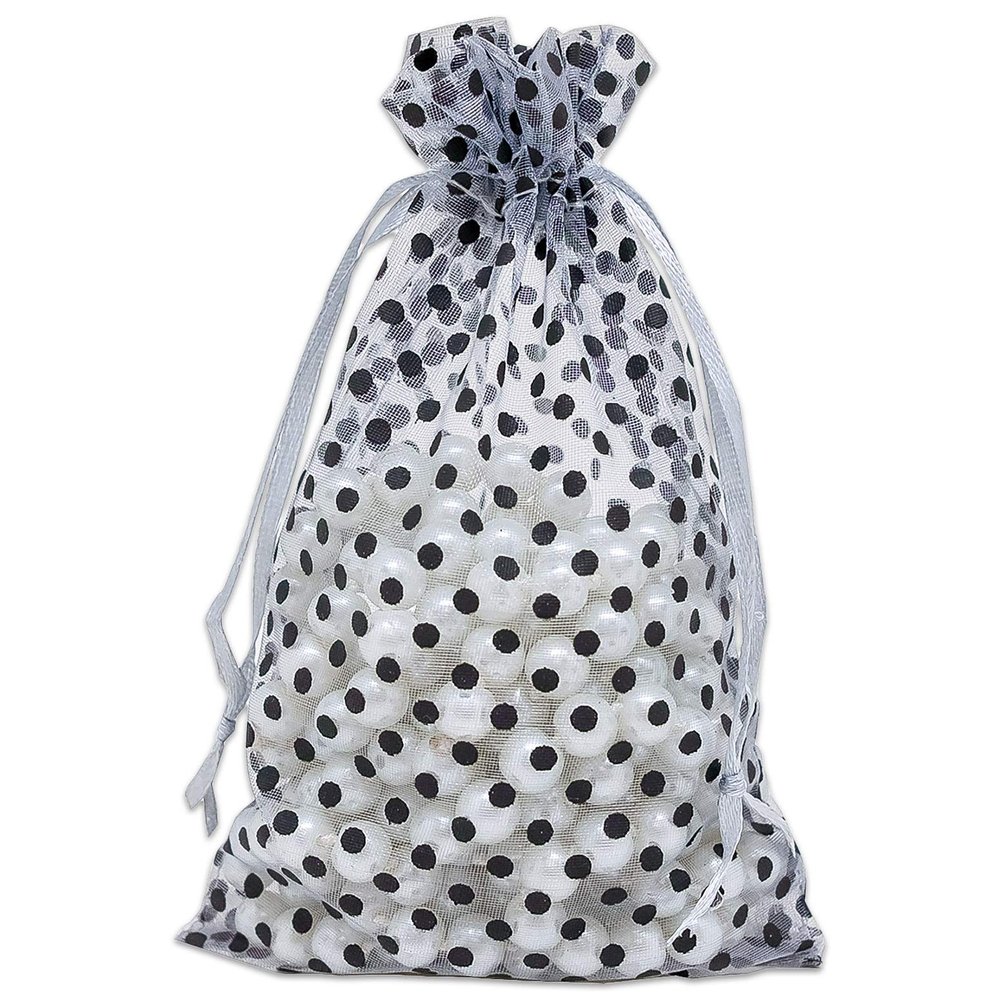 100-Pack 4x6 in Sheer Organza Gift Bags with Drawstring (Medium) - Polka Dot (Silver/Black) - for Wedding Party Favors, Treats Mesh Pouch by The Display Guys