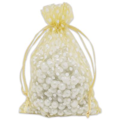 100-Pack 4x6 in Sheer Organza Gift Bags with Drawstring (Medium) - Polka Dot (Gold/White) - for Wedding Party Favors, Treats Mesh Pouch by The Display Guys