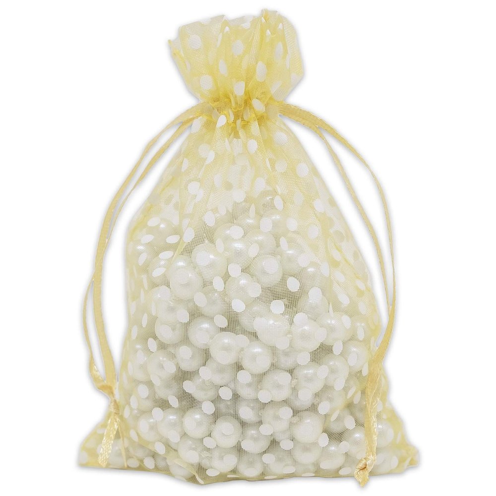 100-Pack 4x6 in Sheer Organza Gift Bags with Drawstring (Medium) - Polka Dot (Gold/White) - for Wedding Party Favors, Treats Mesh Pouch by The Display Guys