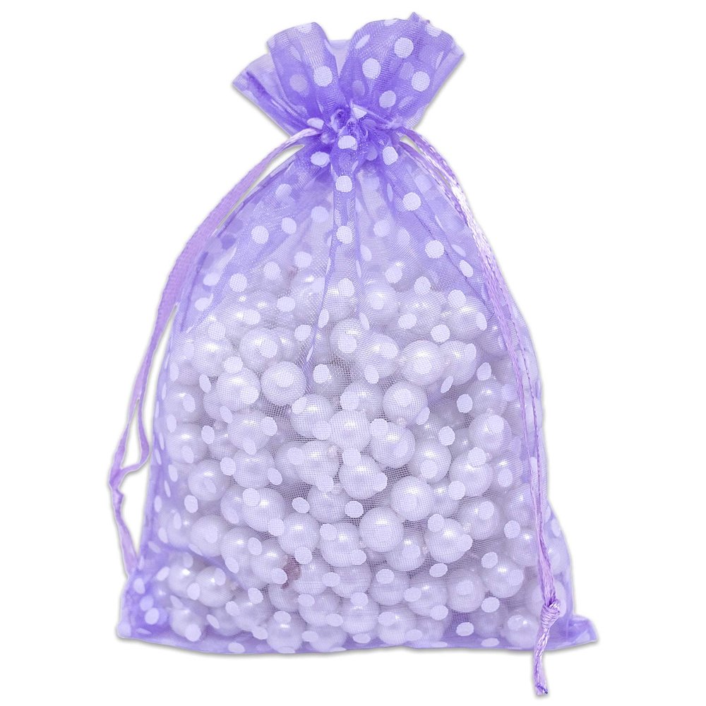 100-Pack 4x6 in Sheer Organza Gift Bags with Drawstring (Medium) - Polka Dot (Lavender/White) - for Wedding Party Favors, Treats Mesh Pouch by The Display Guys