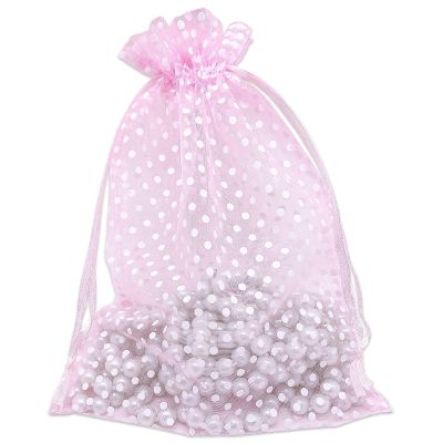 100-Pack 6x8 in Sheer Organza Gift Bags with Drawstring (Large) - Polka Dot (Pink/White) - for Wedding Party Favors, Treats Mesh Pouch by The Display Guys
