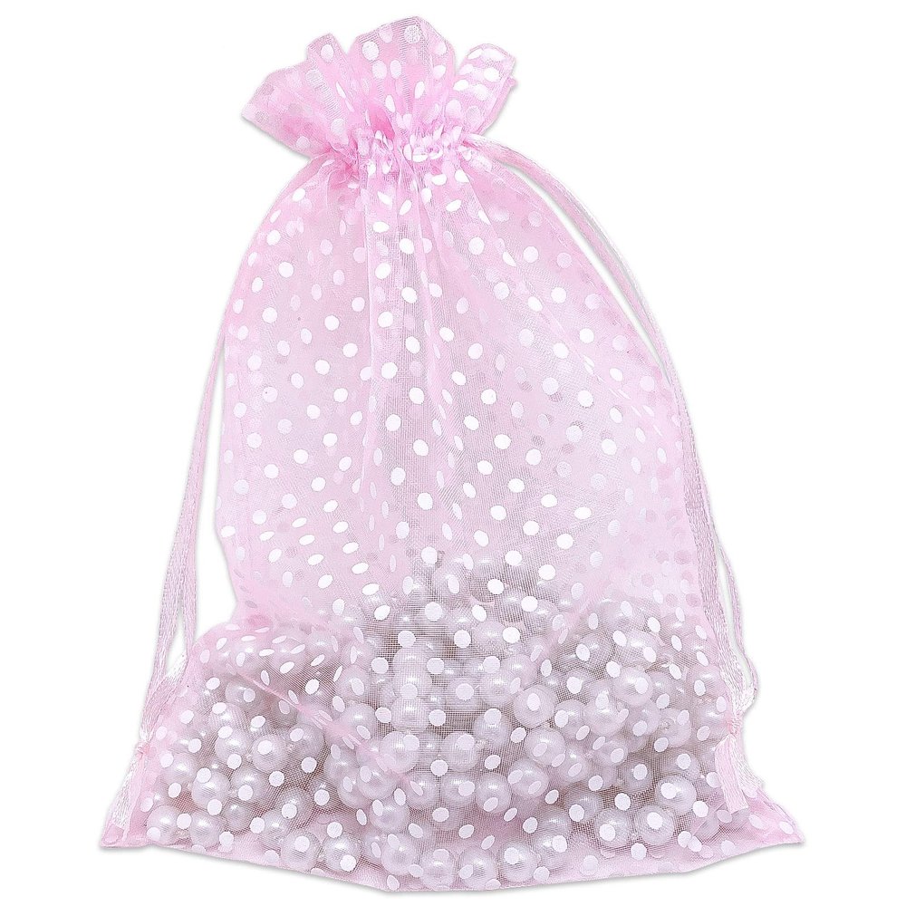 100-Pack 6x8 in Sheer Organza Gift Bags with Drawstring (Large) - Polka Dot (Pink/White) - for Wedding Party Favors, Treats Mesh Pouch by The Display Guys