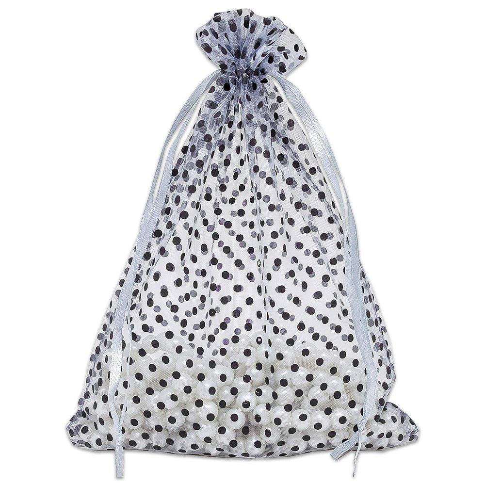 100-Pack 6x8 in Sheer Organza Gift Bags with Drawstring (Large) - Polka Dot (Silver/Black) - for Wedding Party Favors, Treats Mesh Pouch by The Display Guys