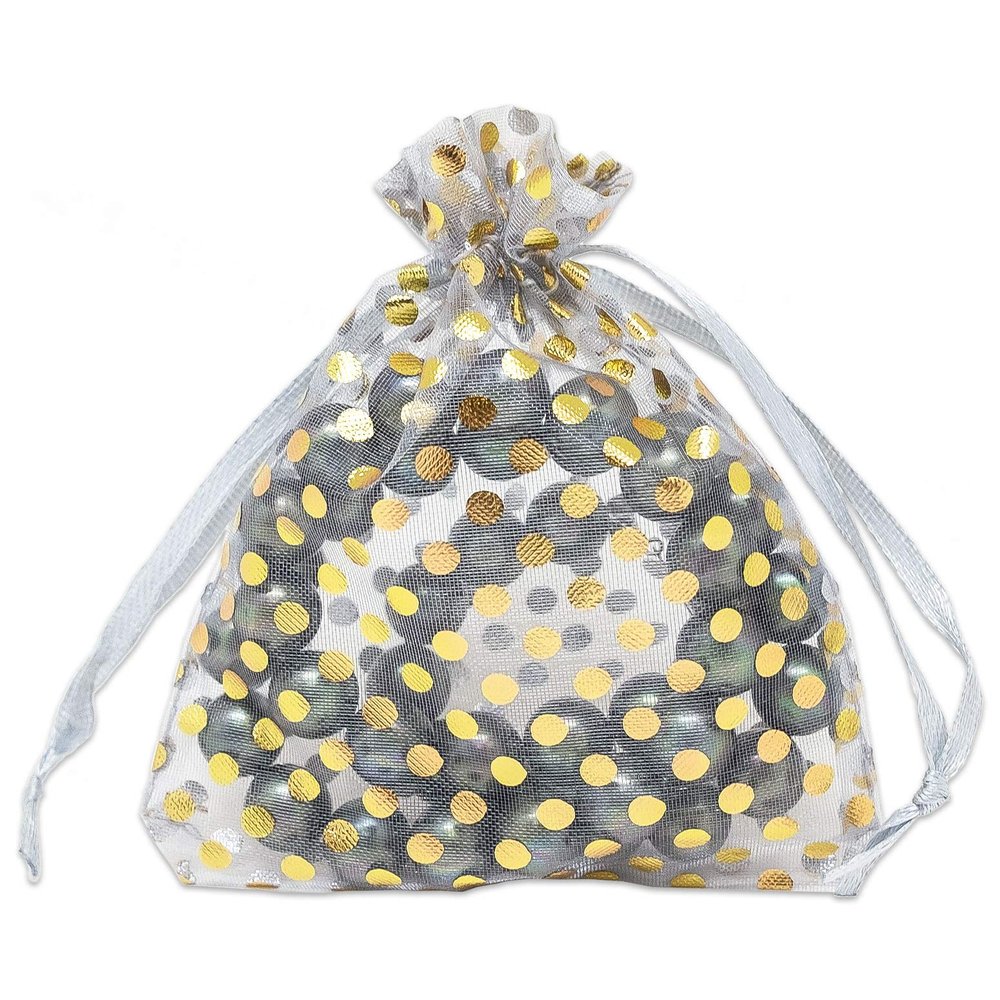 100-Pack 3x4 in Sheer Organza Gift Bags with Drawstring (Small) - Polka Dot (Silver/Gold) - for Wedding Party Favors, Treats Mesh Pouch by The Display Guys