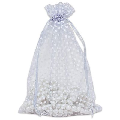 100-Pack 6x8 in Sheer Organza Gift Bags with Drawstring (Large) - Polka Dot (Silver/White) - for Wedding Party Favors, Treats Mesh Pouch by The Display Guys