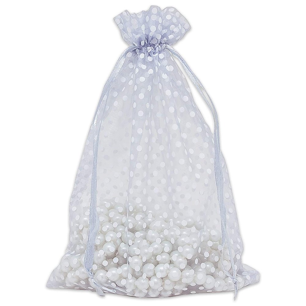 100-Pack 6x8 in Sheer Organza Gift Bags with Drawstring (Large) - Polka Dot (Silver/White) - for Wedding Party Favors, Treats Mesh Pouch by The Display Guys