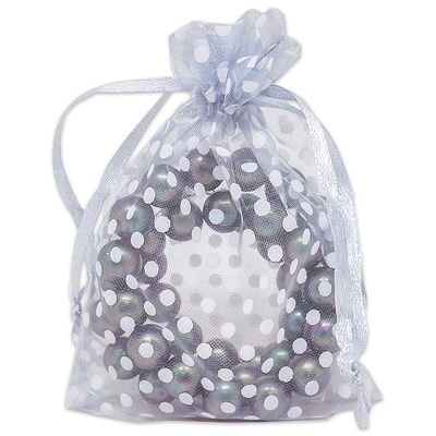100-Pack 3x4 in Sheer Organza Gift Bags with Drawstring (Small) - Polka Dot (Silver/White) - for Wedding Party Favors, Treats Mesh Pouch by The Display Guys