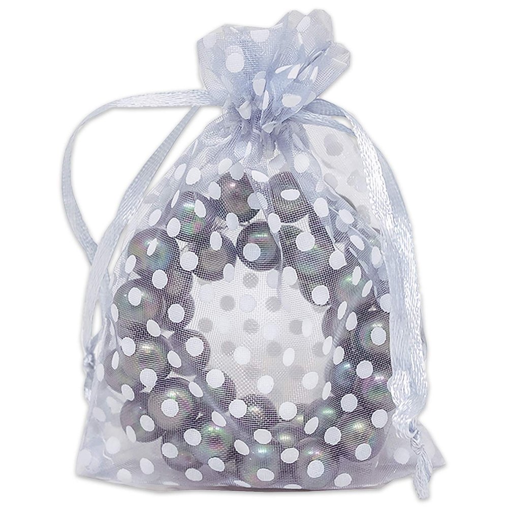 100-Pack 3x4 in Sheer Organza Gift Bags with Drawstring (Small) - Polka Dot (Silver/White) - for Wedding Party Favors, Treats Mesh Pouch by The Display Guys