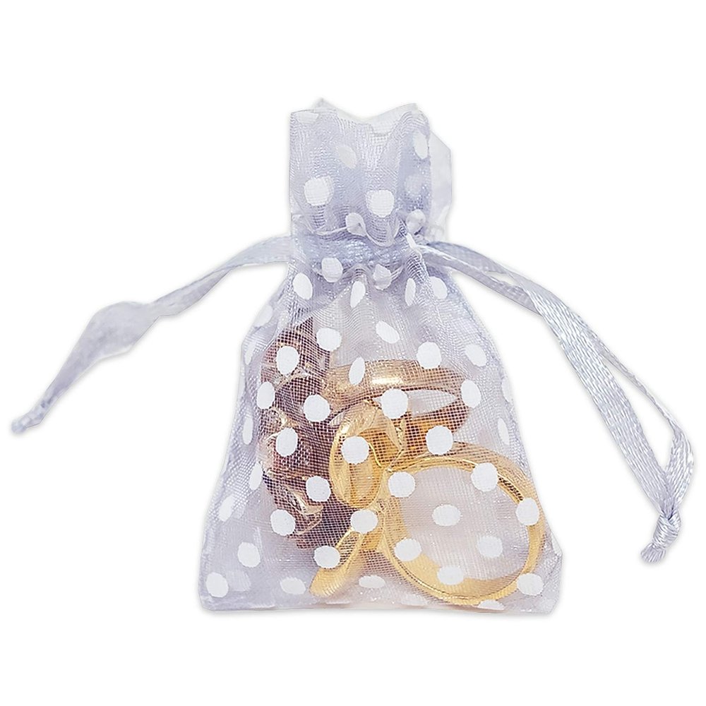 100-Pack 2x2.5 in Sheer Organza Gift Bags with Drawstring (X-Small) - Polka Dot (Silver/White) - for Wedding Party Favors, Treats Mesh Pouch by The Display Guys