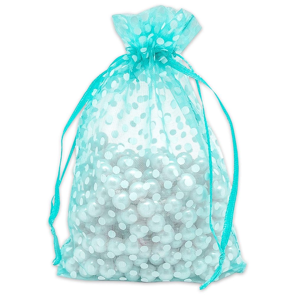 100-Pack 4x6 in Sheer Organza Gift Bags with Drawstring (Medium) - Polka Dot (Teal/White) - for Wedding Party Favors, Treats Mesh Pouch by The Display Guys