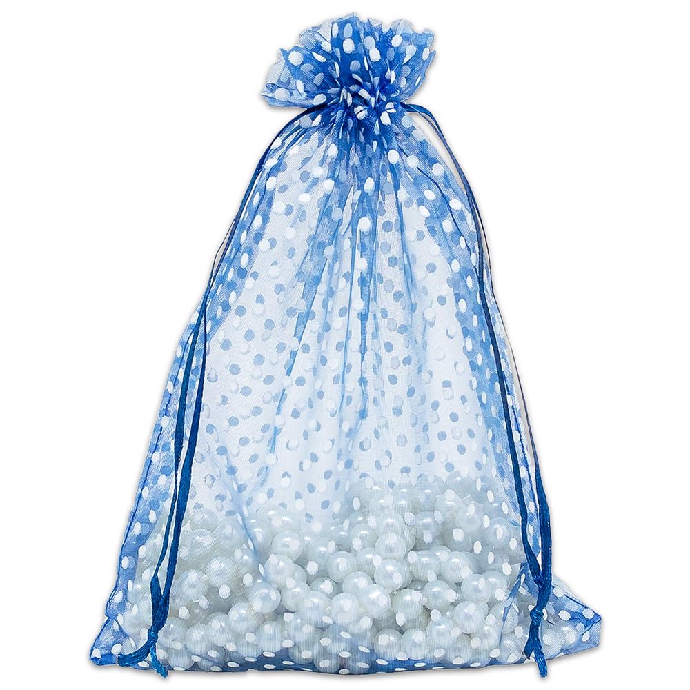 100-Pack 6x8 in Sheer Organza Gift Bags with Drawstring (Large) - Polka Dot (Navy/White) - for Wedding Party Favors, Treats Mesh Pouch by The Display Guys