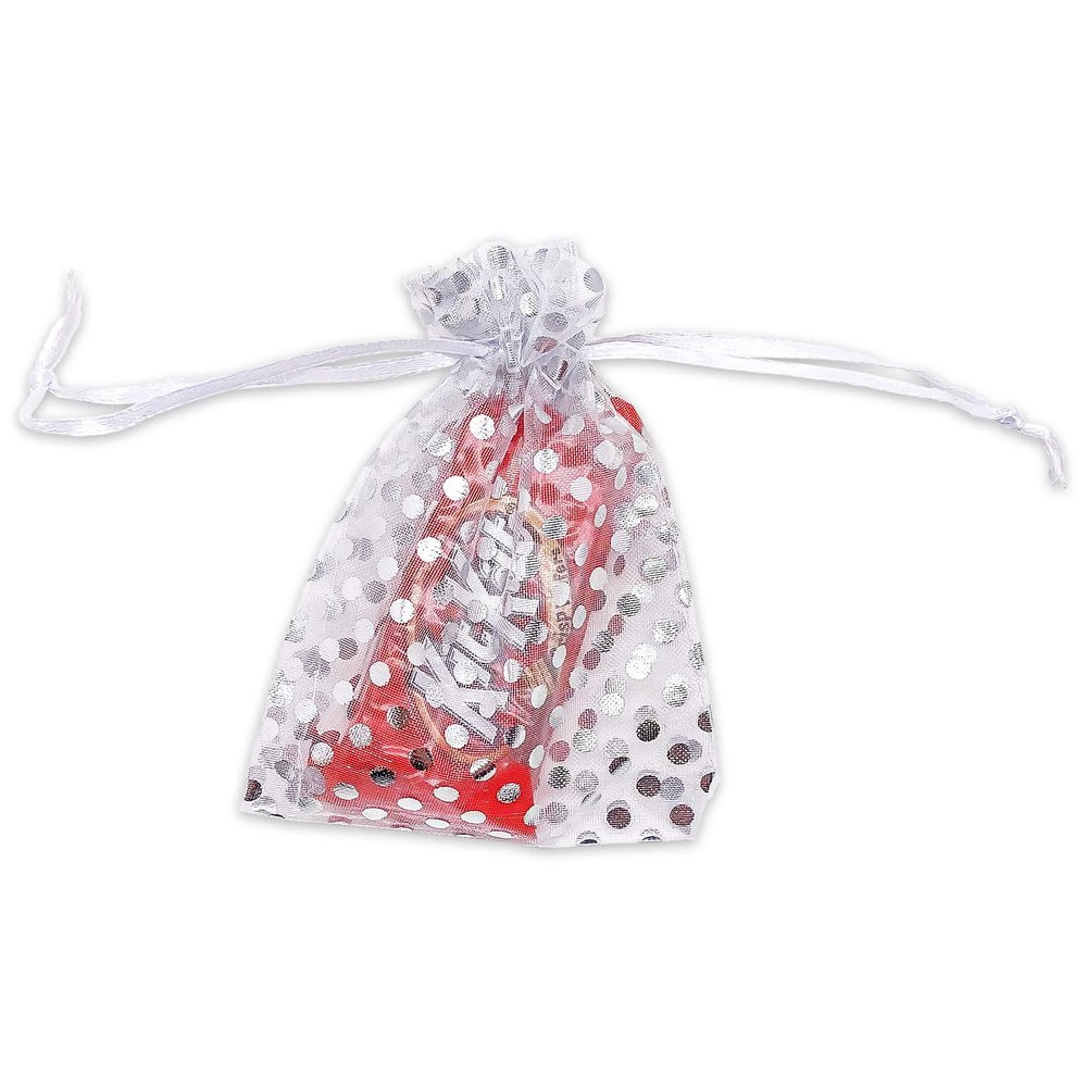 100-Pack 2x2.5 in Sheer Organza Gift Bags with Drawstring (X-Small) - Polka Dot (White/Silver) - for Wedding Party Favors, Treats Mesh Pouch by The Display Guys