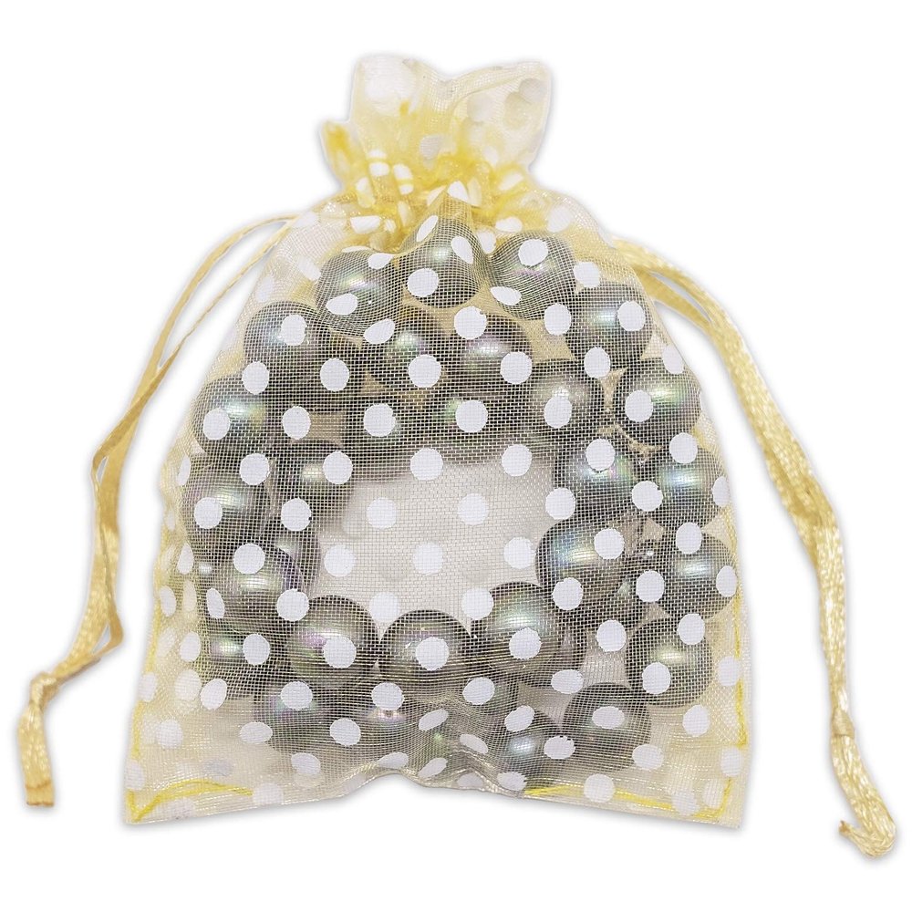100-Pack 3x4 in Sheer Organza Gift Bags with Drawstring (Small) - Polka Dot (Gold/White) - for Wedding Party Favors, Treats Mesh Pouch by The Display Guys