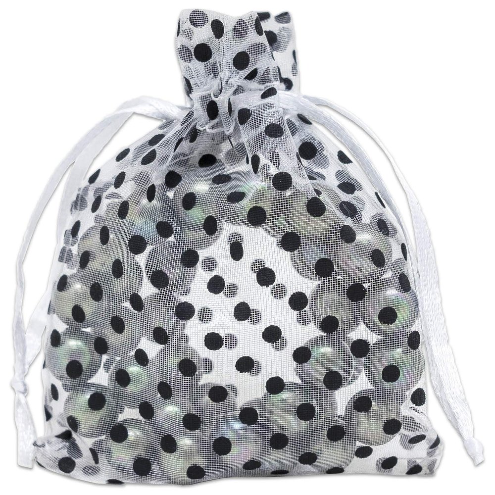 100-Pack 3x4 in Sheer Organza Gift Bags with Drawstring (Small) - Polka Dot (White/Black) - for Wedding Party Favors, Treats Mesh Pouch by The Display Guys