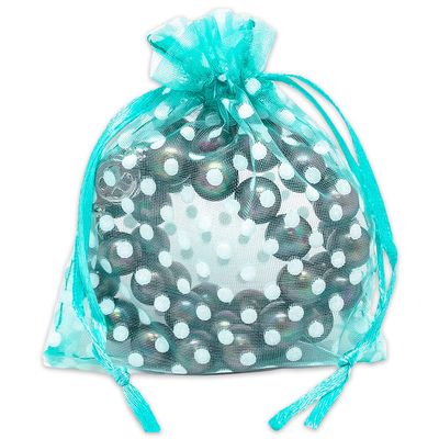 100-Pack 3x4 in Sheer Organza Gift Bags with Drawstring (Small) - Polka Dot (Teal/White) - for Wedding Party Favors, Treats Mesh Pouch by The Display Guys
