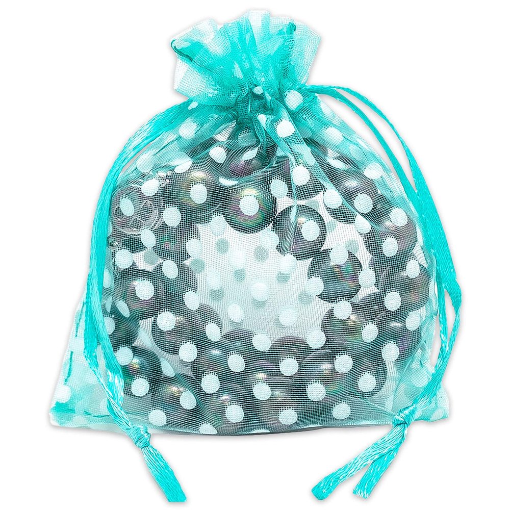 100-Pack 3x4 in Sheer Organza Gift Bags with Drawstring (Small) - Polka Dot (Teal/White) - for Wedding Party Favors, Treats Mesh Pouch by The Display Guys