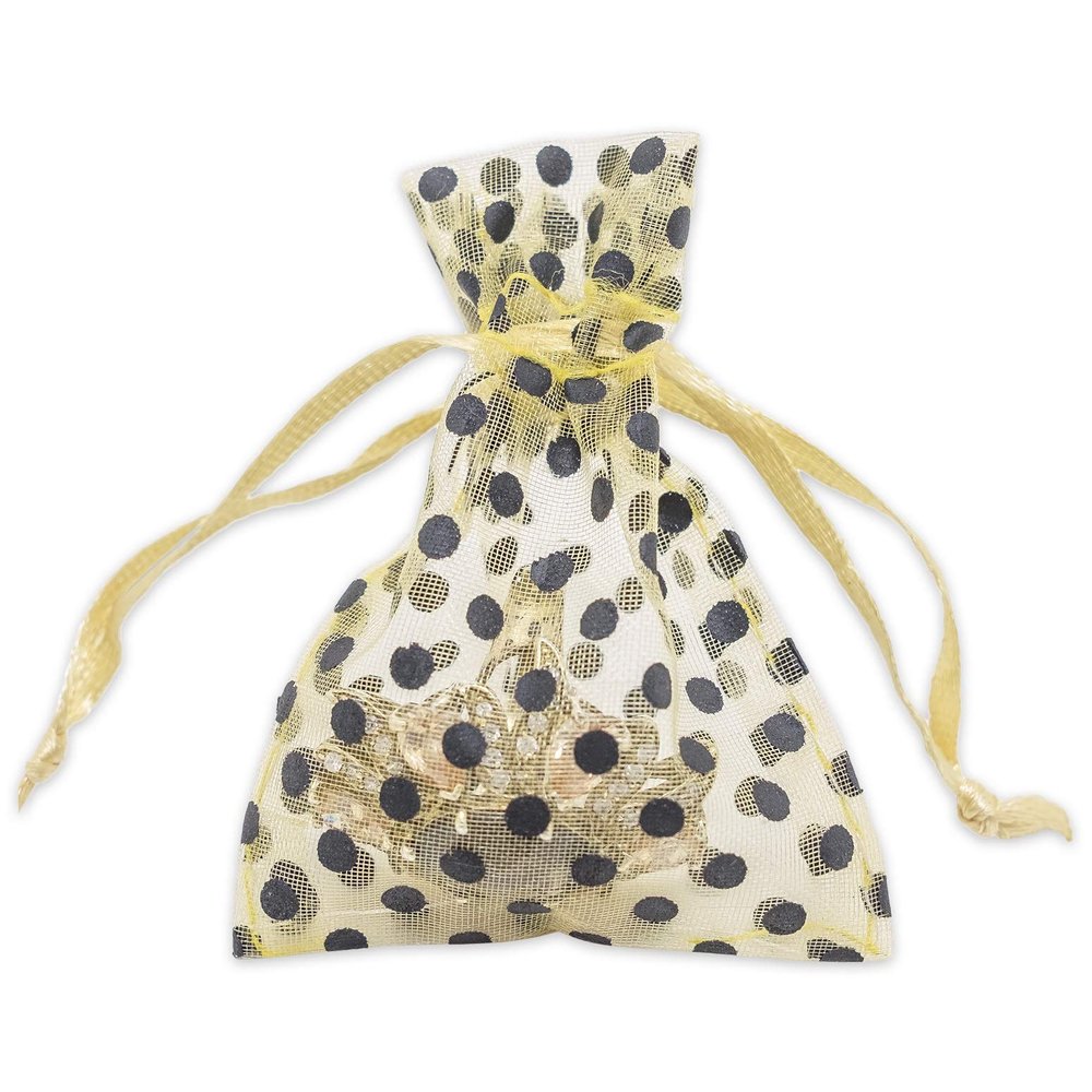 100-Pack 2x2.5 in Sheer Organza Gift Bags with Drawstring (X-Small) - Polka Dot (Gold/Black) - for Wedding Party Favors, Treats Mesh Pouch by The Display Guys