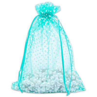 100-Pack 6x8 in Sheer Organza Gift Bags with Drawstring (Large) - Polka Dot (Teal/White) - for Wedding Party Favors, Treats Mesh Pouch by The Display Guys