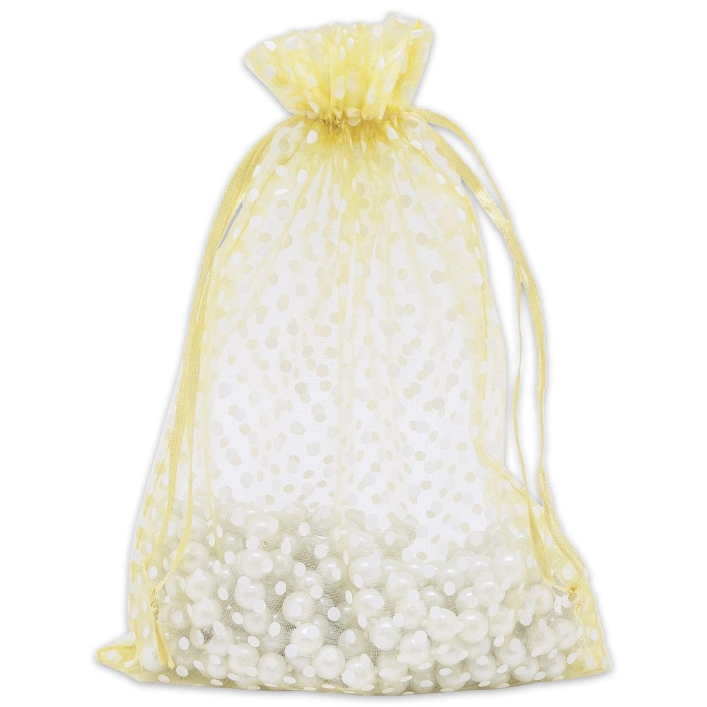 100-Pack 6x8 in Sheer Organza Gift Bags with Drawstring (Large) - Polka Dot (Gold/White) - for Wedding Party Favors, Treats Mesh Pouch by The Display Guys