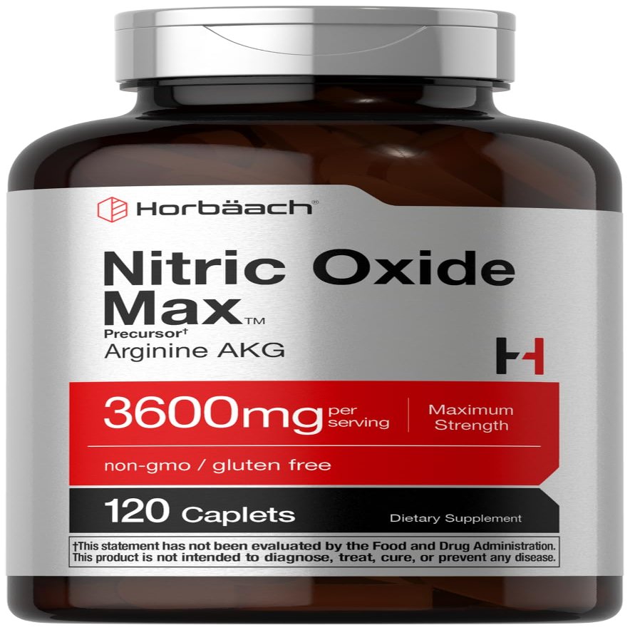 Horbach Nitric Oxide Max 3600mg | 120 Caplets | with Arginine AAKG for Men and Women | Vegetarian, Non-GMO, & Gluten Free Pre Workout Supplement