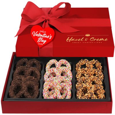 Valentines Day Chocolate Pretzel Gift Basket Dark Chocolate Covered Pretzels in Elegant Gift Box Gourmet Kosher Gift for Him or Her, Birthdays, Anniversaries & Corporate Gifting