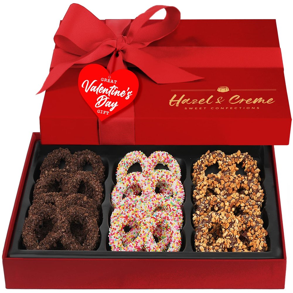 Valentines Day Chocolate Pretzel Gift Basket Dark Chocolate Covered Pretzels in Elegant Gift Box Gourmet Kosher Gift for Him or Her, Birthdays, Anniversaries & Corporate Gifting