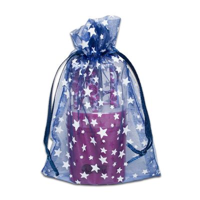 100-Pack 4x6 Sheer Organza Drawstring Gift Bags (Medium) - Metallic Stars (Navy/White) - Wedding Party Favors, Jewelry, Candy, Treats Mesh Pouch by The Display Guys