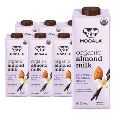 Mooala Organic Vanilla Bean Almond Milk Unsweetened 32 fl oz (Pack of 6)  Shelf-Stable, Lactose Free, Gluten-Free, Vegan, No Added Sugar, Plant-Based Beverage