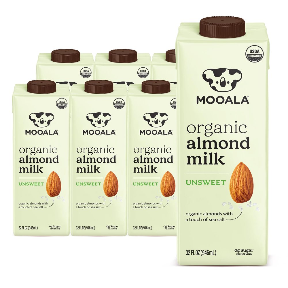 Mooala Organic Almond Milk Unsweetened 32 fl oz (Pack of 6) Shelf-Stable, Lactose Free, Gluten-Free, Vegan, No Added Sugar, Plant-Based Beverage