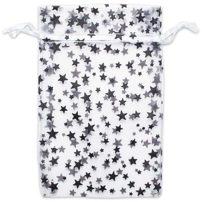 100-Pack 2x2.5 Sheer Organza Drawstring Gift Bags (X-Small) - Metallic Stars (White/Black) - Wedding Party Favors, Jewelry, Candy, Treats Mesh Pouch by The Display Guys