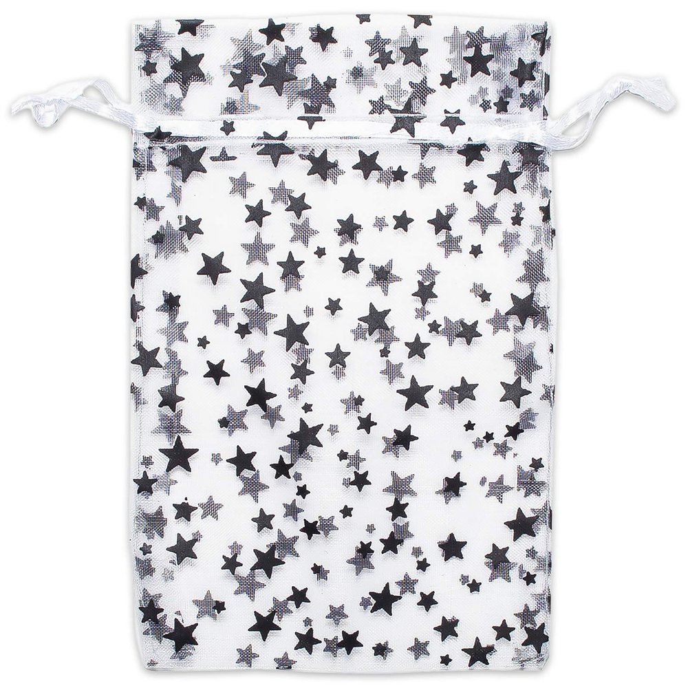 100-Pack 2x2.5 Sheer Organza Drawstring Gift Bags (X-Small) - Metallic Stars (White/Black) - Wedding Party Favors, Jewelry, Candy, Treats Mesh Pouch by The Display Guys