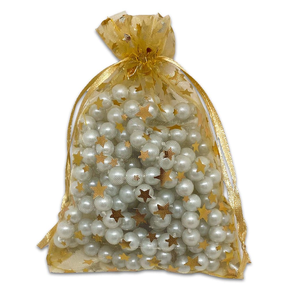 100-Pack 4x6 Sheer Organza Drawstring Gift Bags (Medium) - Metallic Stars (Gold/Gold) - Wedding Party Favors, Jewelry, Candy, Treats Mesh Pouch by The Display Guys