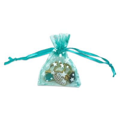 100-Pack 2x2.5 Sheer Organza Drawstring Gift Bags (X-Small) - Metallic Stars (Teal/White) - Wedding Party Favors, Jewelry, Candy, Treats Mesh Pouch by The Display Guys