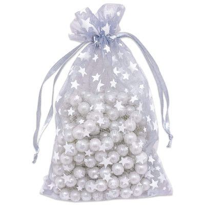 100-Pack 4x6 Sheer Organza Drawstring Gift Bags (Medium) - Metallic Stars (Silver/White) - Wedding Party Favors, Jewelry, Candy, Treats Mesh Pouch by The Display Guys