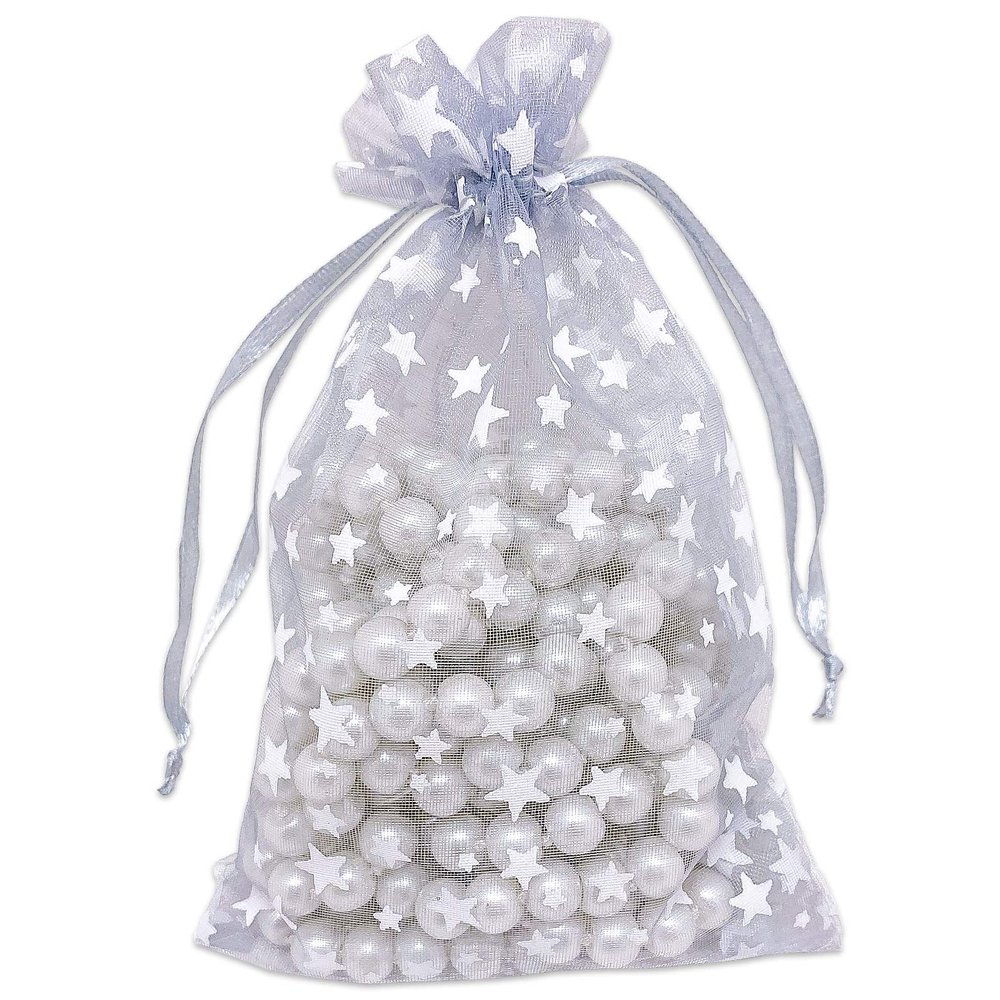 100-Pack 4x6 Sheer Organza Drawstring Gift Bags (Medium) - Metallic Stars (Silver/White) - Wedding Party Favors, Jewelry, Candy, Treats Mesh Pouch by The Display Guys