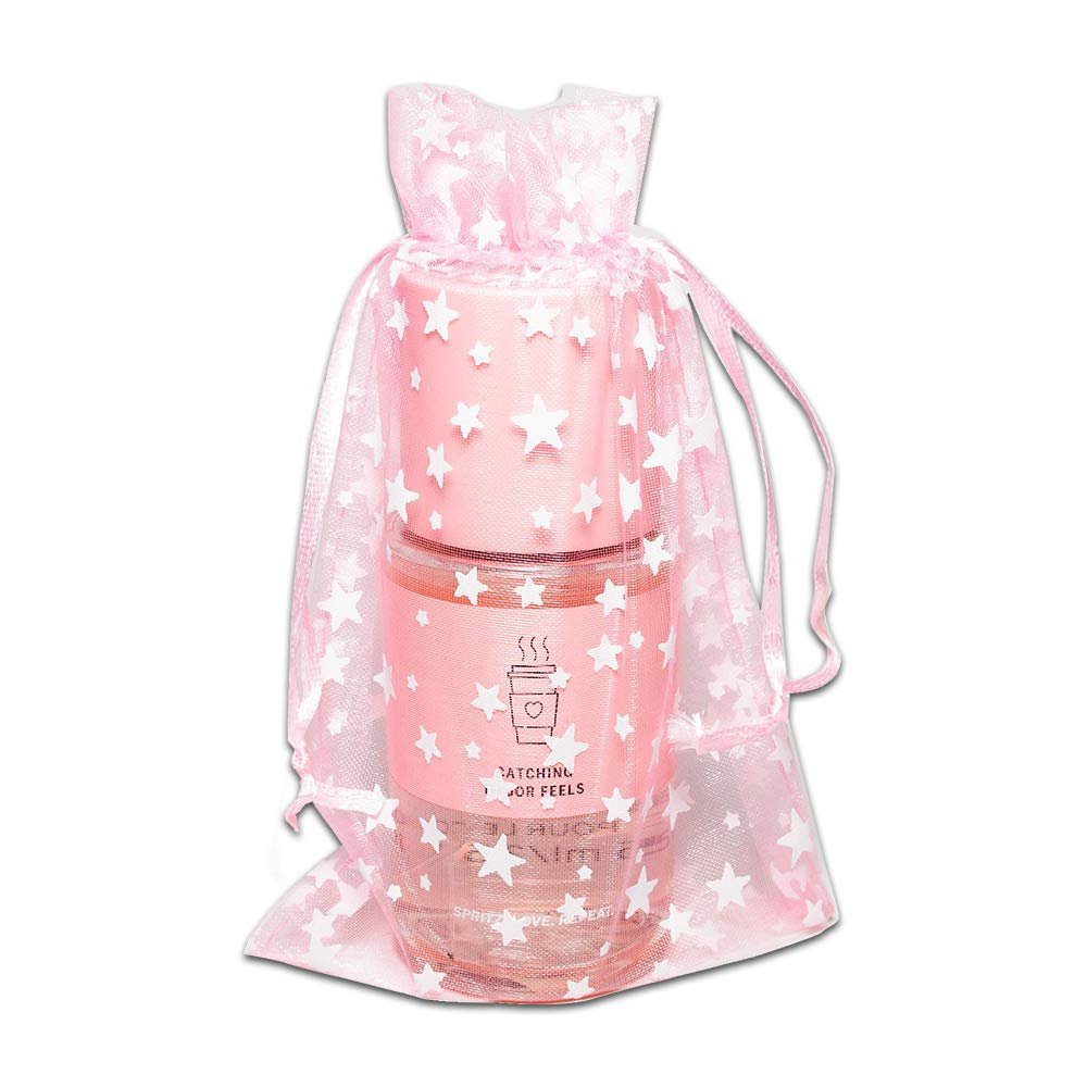 100-Pack 4x6 Sheer Organza Drawstring Gift Bags (Medium) - Metallic Stars (Pink/White) - Wedding Party Favors, Jewelry, Candy, Treats Mesh Pouch by The Display Guys
