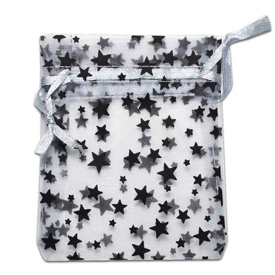 100-Pack 3x4 Sheer Organza Drawstring Gift Bags (Small) - Metallic Stars (Silver/Black) - Wedding Party Favors, Jewelry, Candy, Treats Mesh Pouch by The Display Guys