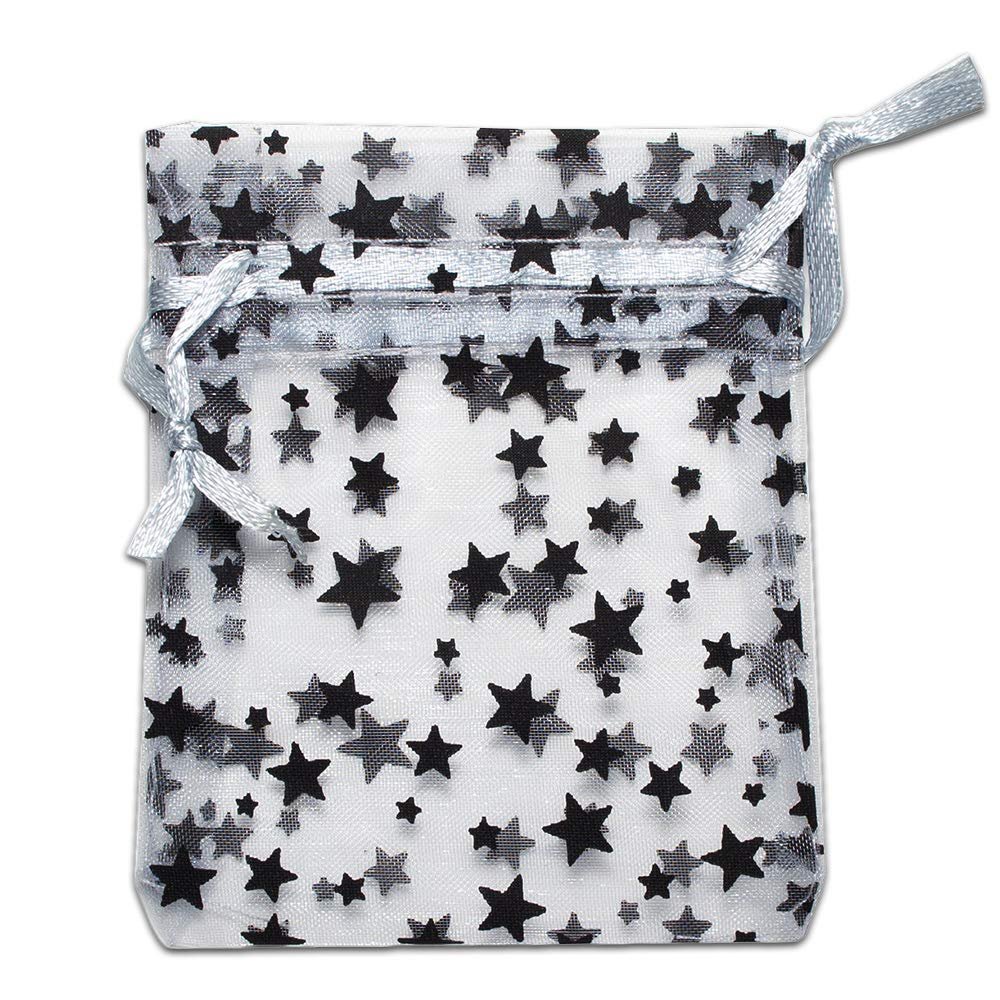 100-Pack 3x4 Sheer Organza Drawstring Gift Bags (Small) - Metallic Stars (Silver/Black) - Wedding Party Favors, Jewelry, Candy, Treats Mesh Pouch by The Display Guys
