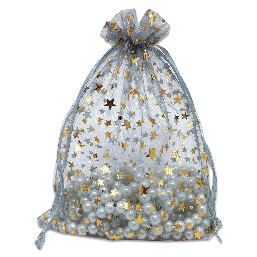 100-Pack 6x8 Sheer Organza Drawstring Gift Bags (Large) - Metallic Stars (Silver/Gold) - Wedding Party Favors, Jewelry, Candy, Treats Mesh Pouch by The Display Guys