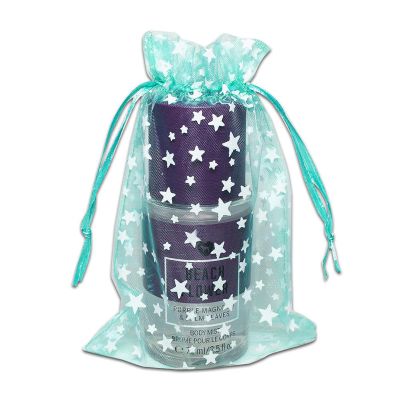100-Pack 4x6 Sheer Organza Drawstring Gift Bags (Medium) - Metallic Stars (Teal/White) - Wedding Party Favors, Jewelry, Candy, Treats Mesh Pouch by The Display Guys