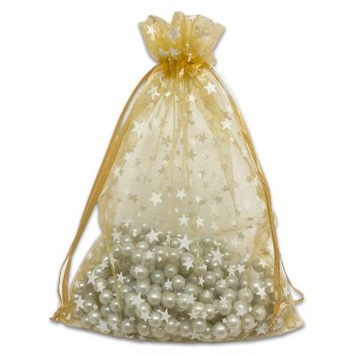 100-Pack 6x8 Sheer Organza Drawstring Gift Bags (Large) - Metallic Stars (Gold/White) - Wedding Party Favors, Jewelry, Candy, Treats Mesh Pouch by The Display Guys