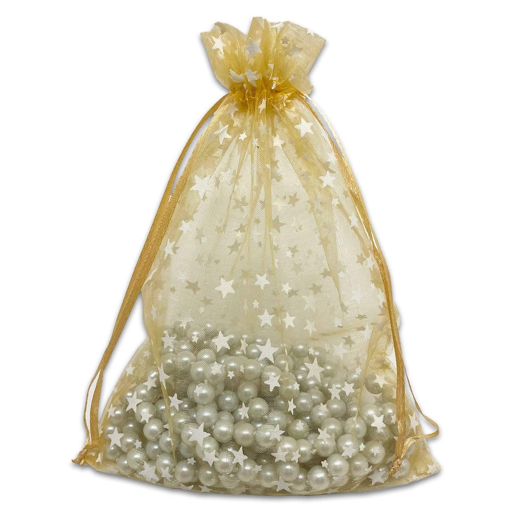100-Pack 6x8 Sheer Organza Drawstring Gift Bags (Large) - Metallic Stars (Gold/White) - Wedding Party Favors, Jewelry, Candy, Treats Mesh Pouch by The Display Guys