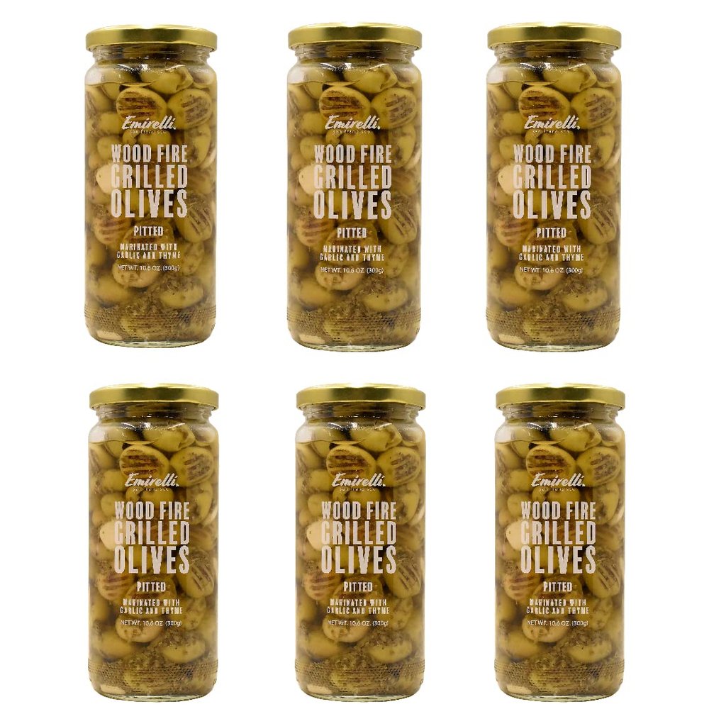 Emirelli Grilled and Pitted Green Olive Delicious Premium Hand-Picked Turkish Olives Filled Marinated in Fresh Spices, Preserved (Grilled Olives, 6 Pack)