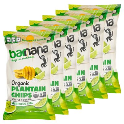 Barnana - Organic Plantain Chips, Acapulco Lime, Healthy Snack Made With 100% Coconut Oil, Non-GMO, Potato Chip Alternative, Zero Sugar, Paleo, Grain-Free Chips, Vegan, USDA Organic (5 oz, 6-Pack)