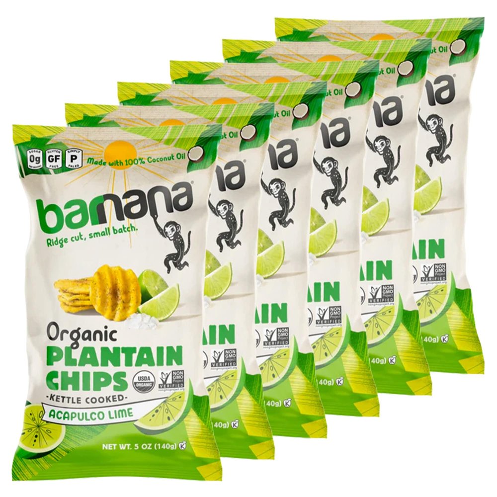 Barnana - Organic Plantain Chips, Acapulco Lime, Healthy Snack Made With 100% Coconut Oil, Non-GMO, Potato Chip Alternative, Zero Sugar, Paleo, Grain-Free Chips, Vegan, USDA Organic (5 oz, 6-Pack)